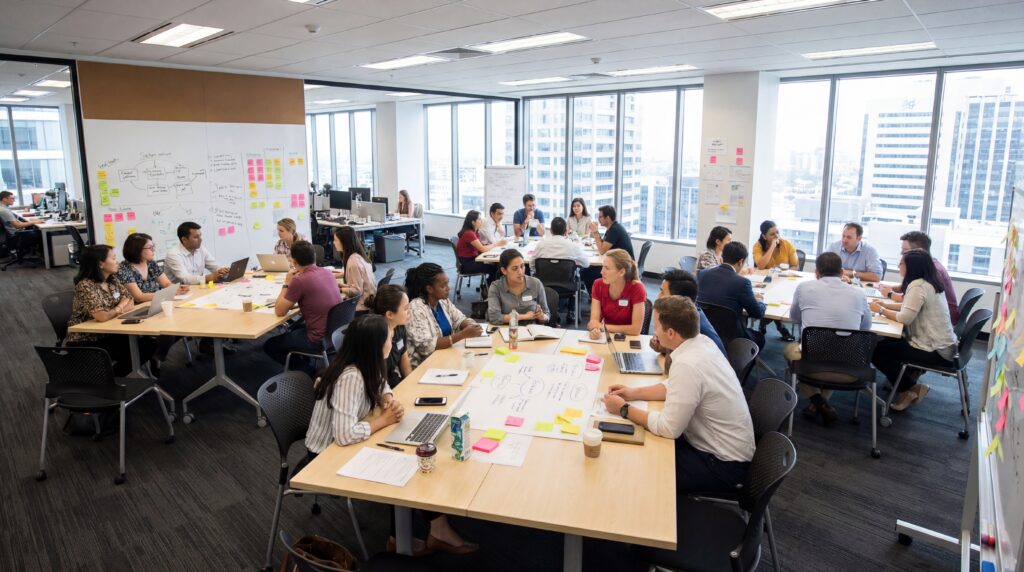 Diverse team collaborating in modern office space with brainstorming session